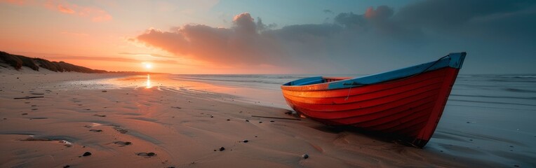 Naklejka premium Red Boat on Beach at Sunset