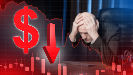 Man investor went broke. Sad trader grabbed head. Bankruptcy of businessman due to crisis. Falling...