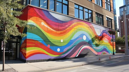 mural of colorful waves on a brick building.
