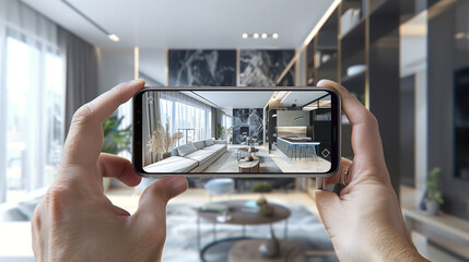 Hands hold phone, capturing a modern interior design.
