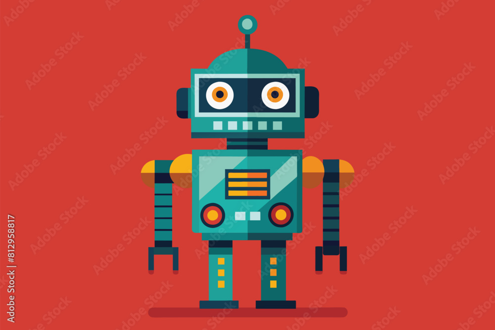 Poster a robot is positioned in front of a solid red backdrop, showcasing its mechanical features, robotics