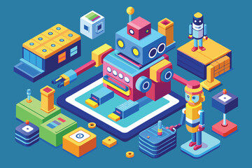 A robot figurine stands on top of a tablet in this customizable isometric illustration, Robotics Customizable Isometric Illustration