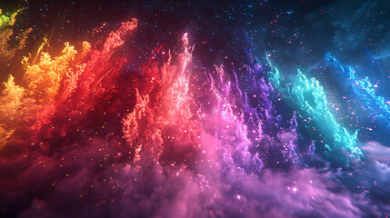 A vibrant fireworks display exploding in the colors of the rainbow flag, illuminating a clear night sky on a deep purple background.