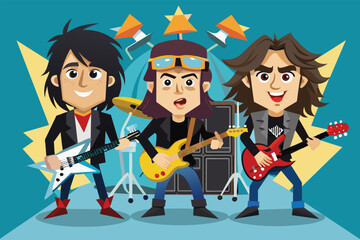Several individuals actively strumming guitars in a group setting, Rockers Customizable Cartoon Illustration