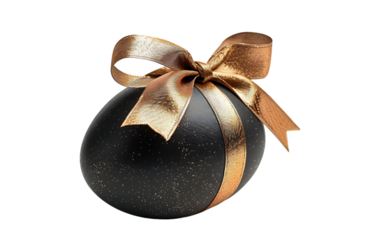 Black egg with a gold ribbon on transparent background