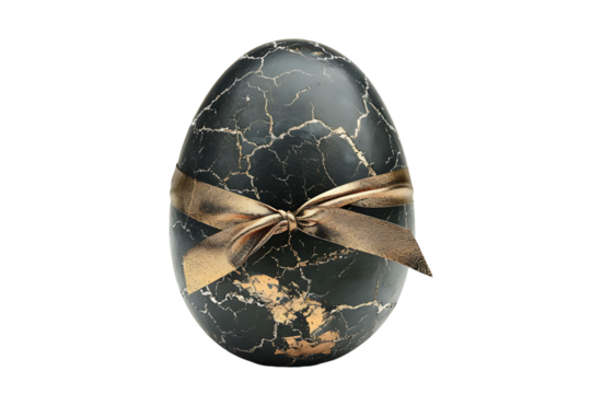 Black egg with a gold ribbon on transparent background