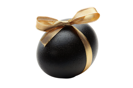Black egg with a gold ribbon on transparent background