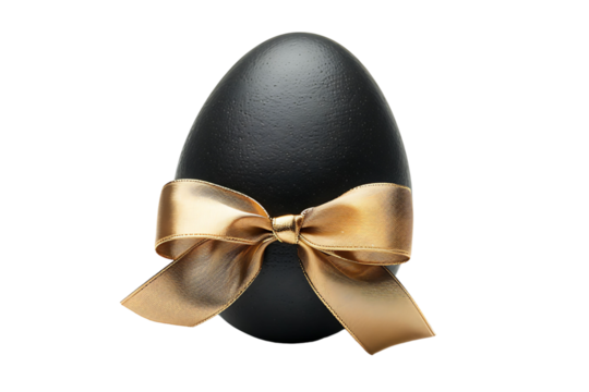 Black egg with a gold ribbon on transparent background