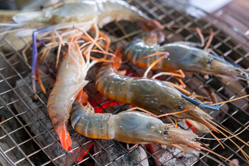 Raw shrimp on the grill