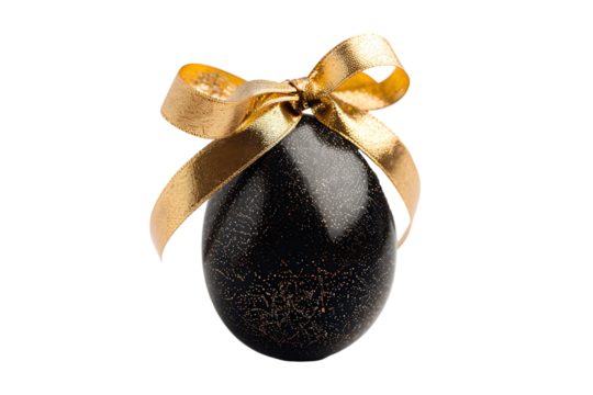 Black egg with a gold ribbon on transparent background
