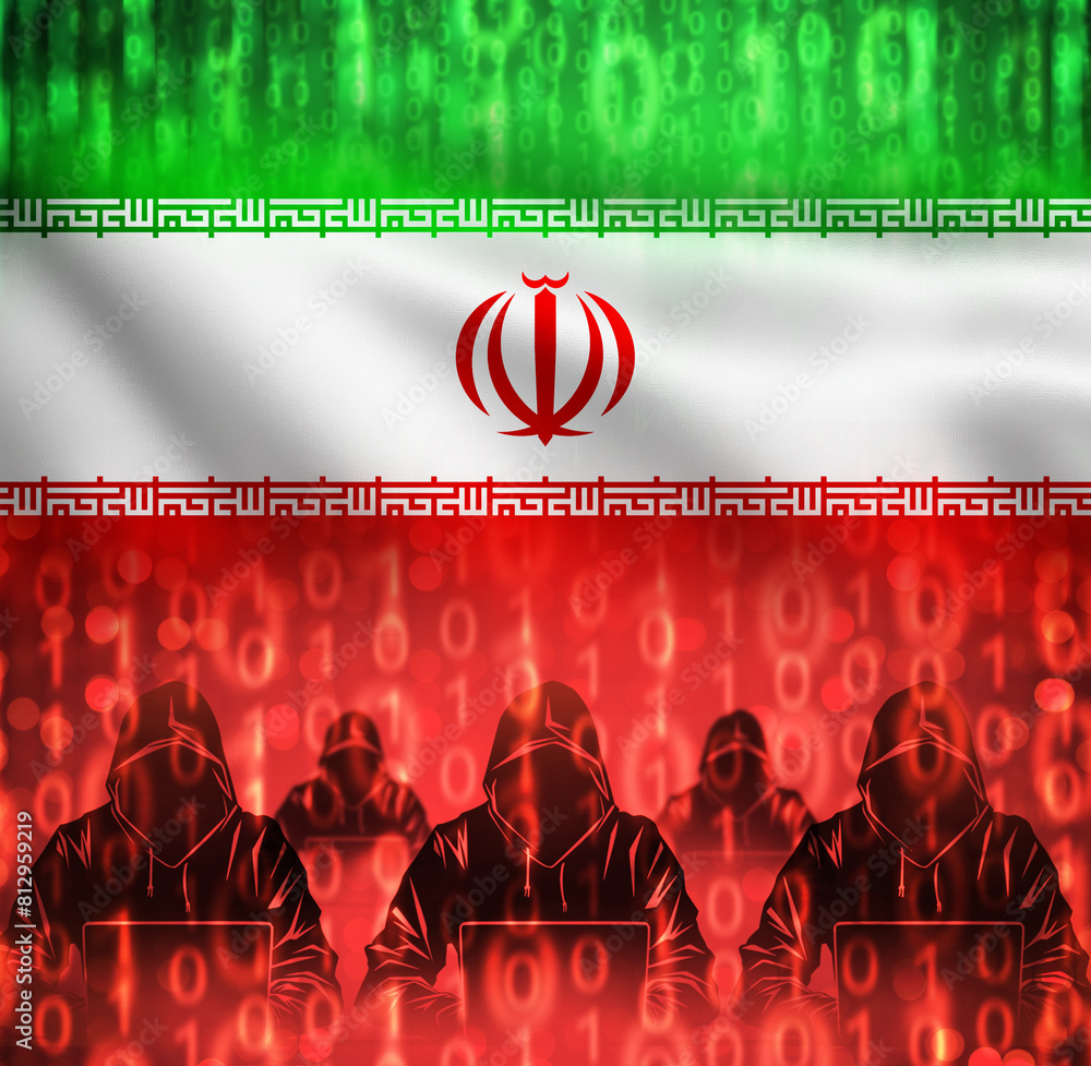 Poster hackers with iran flag. silhouette people with laptops. binary code next to iranian national symbol.