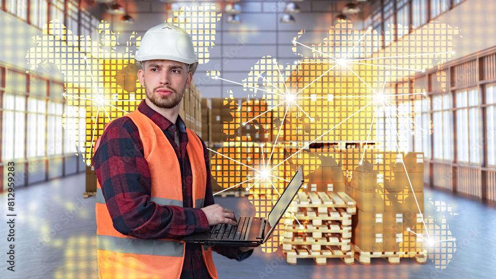 Poster man is logistician. laptop in hands of transport dispatcher. boxes and world map behind logistician.