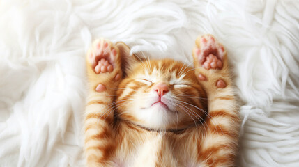 Cozy Nap: Smiling Ginger Kitten on a Furry White Blanket
