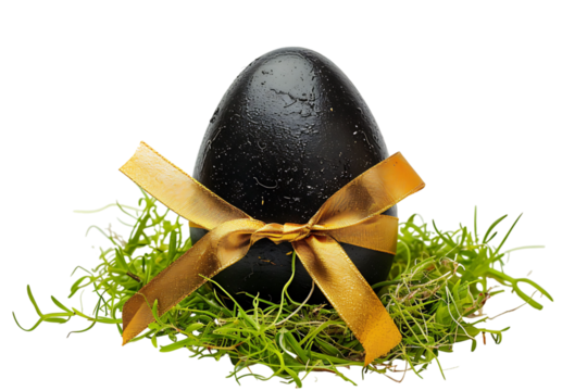 Black egg with a gold ribbon on grass transparent background