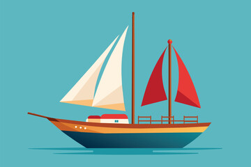 Fototapeta premium A boat with a red sail sailing on a blue background, Sail boat Customizable Flat Illustration