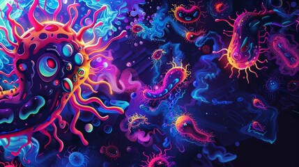 A colorful abstract monster bacteria with swirling neon patterns and geometric shapes, symbolizing a microscopic terror in a vibrant landscape