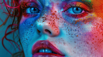 Naklejka premium Close-up portrait of a young woman with bright and colorful makeup.