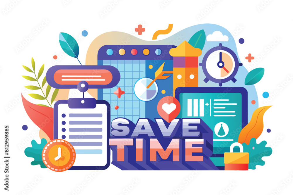 Poster clock and clipboard displaying the words save time in a customizable flat illustration, save time cu