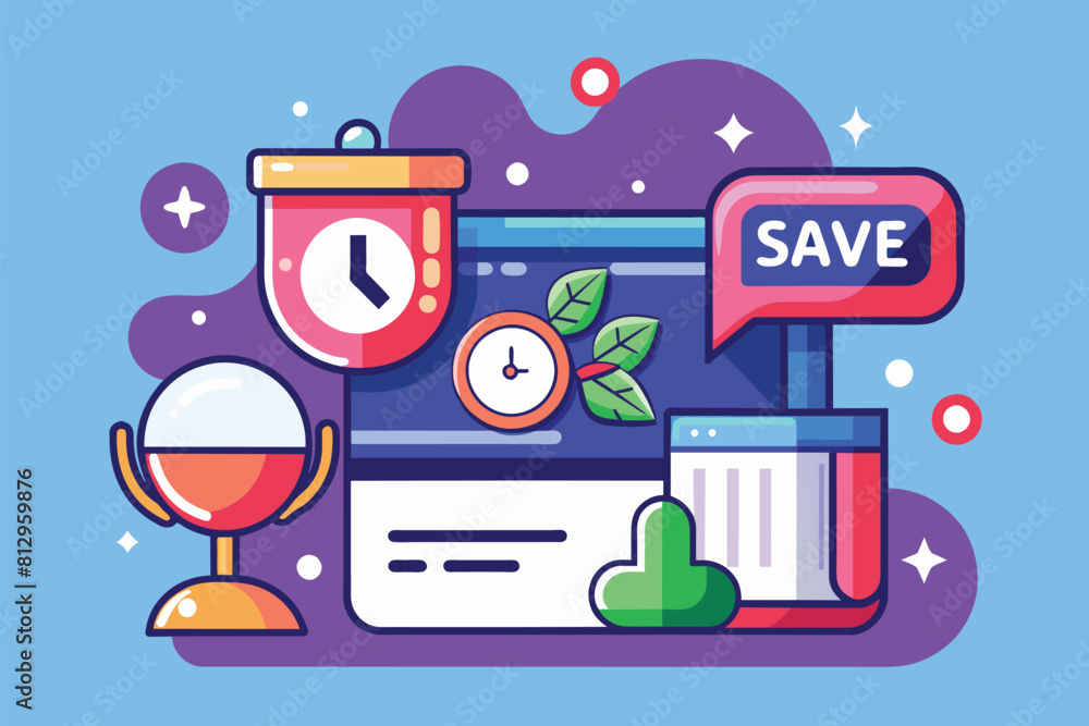 Poster a computer screen displaying a clock, alongside a cup placed next to it, save time customizable flat