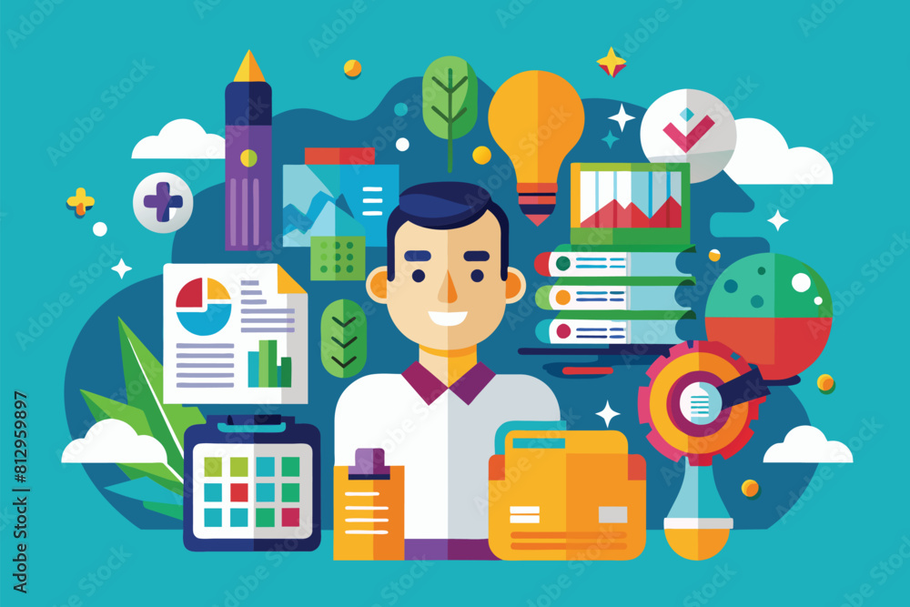 Poster a man is observing a diverse array of items, save time customizable semi flat illustration