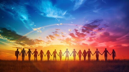 People of all colors holding hands in front of a sunset.