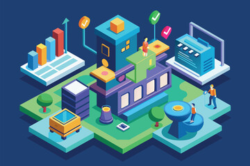 3D illustration showing a man standing in front of a flat customizable building, Save time Customizable Isometric Illustration