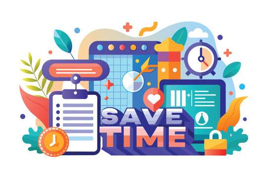 Clock and clipboard displaying the words Save Time in a customizable flat illustration, Save time Customizable Flat Illustration