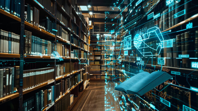 A modern digital library merges traditional bookshelves with interactive holographic technology, showcasing the future of learning and information. Futuristic Digital Library with Interactive Hologra
