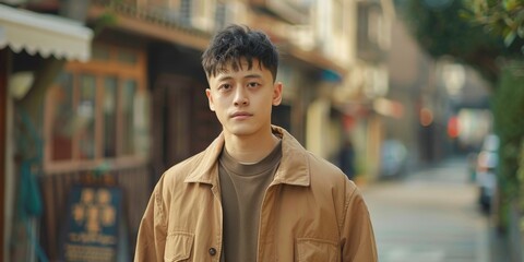 Fototapeta premium Young Man in Brown Jacket Standing on Street