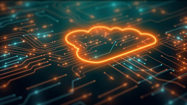 Cloud icon with glowing neon outline on circuit board background, Cloud computing and digital technology concept for online storage and parts delivery system