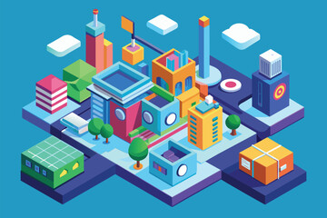 A bustling city scene filled with a multitude of vibrant and colorful buildings, Scope Customizable Isometric Illustration