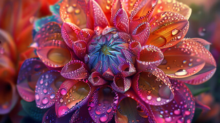 vibrant multicolored dahlia flower with water droplets on its petals