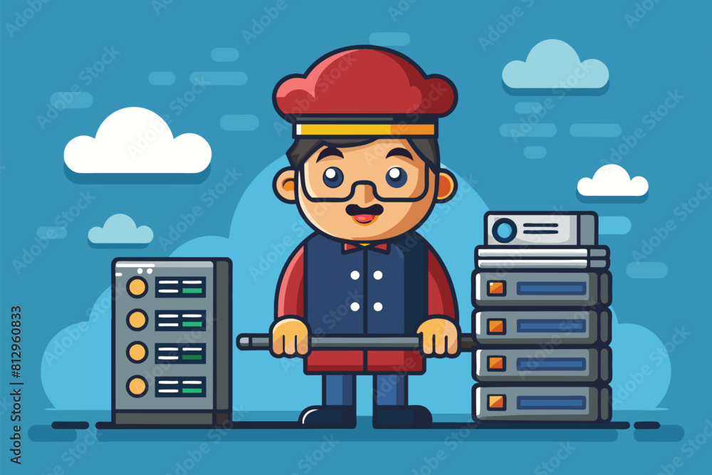 Poster a man is standing next to a stack of servers in a tech room, server customizable cartoon illustratio