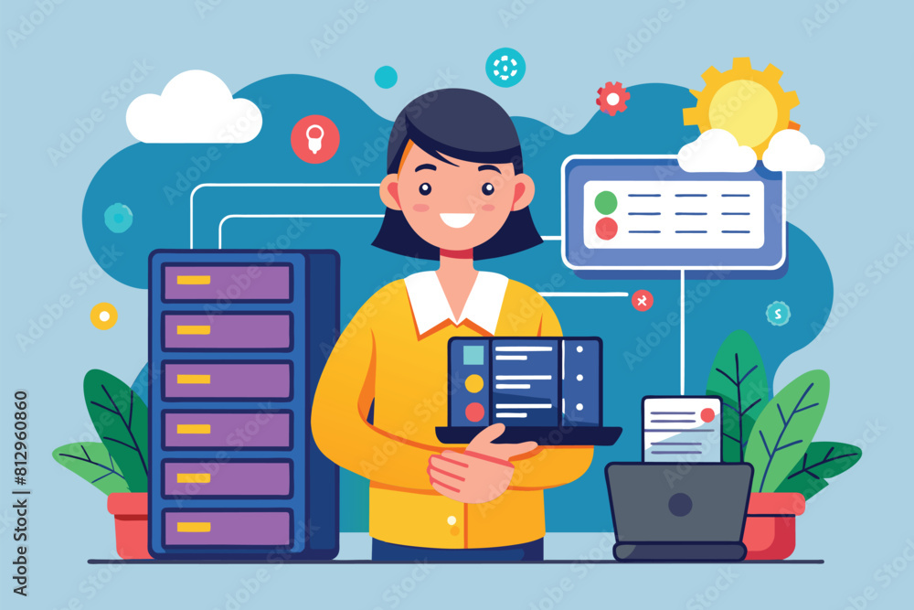 Poster a woman standing while holding a tablet in front of a server in a tech environment, server customiza