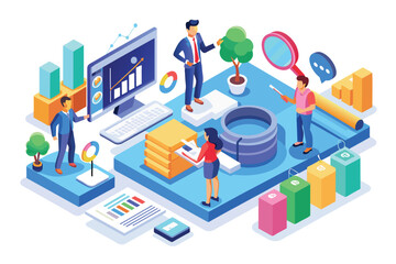 A team of individuals gathered around a computer screen, engaged in analyzing data for SEO analytics, Seo analytics team Customizable Isometric Illustration
