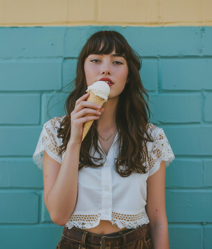 Naklejki Young beautiful woman eating ice-cream cone