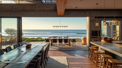 Coastal Beach House Interior with Open Floor Plan.
Modern beach house interior showcasing an expansive open floor plan with ocean views and high ceilings.
