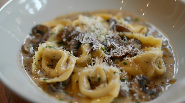 A close-up shot of a single tortellini filled with meat, resting in a creamy mushroom sauce with a sprinkle of grated parmesan cheese