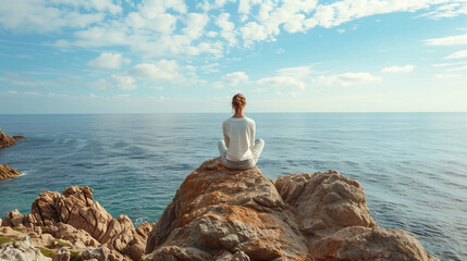 Young woman in white clothes sitting on a rock by the ocean and looking at the horizon with a peaceful and relaxed feeling
