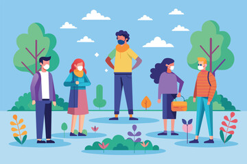 A diverse group of individuals standing in a park, socially distancing while enjoying the outdoors, Social distancing Customizable Flat Illustration
