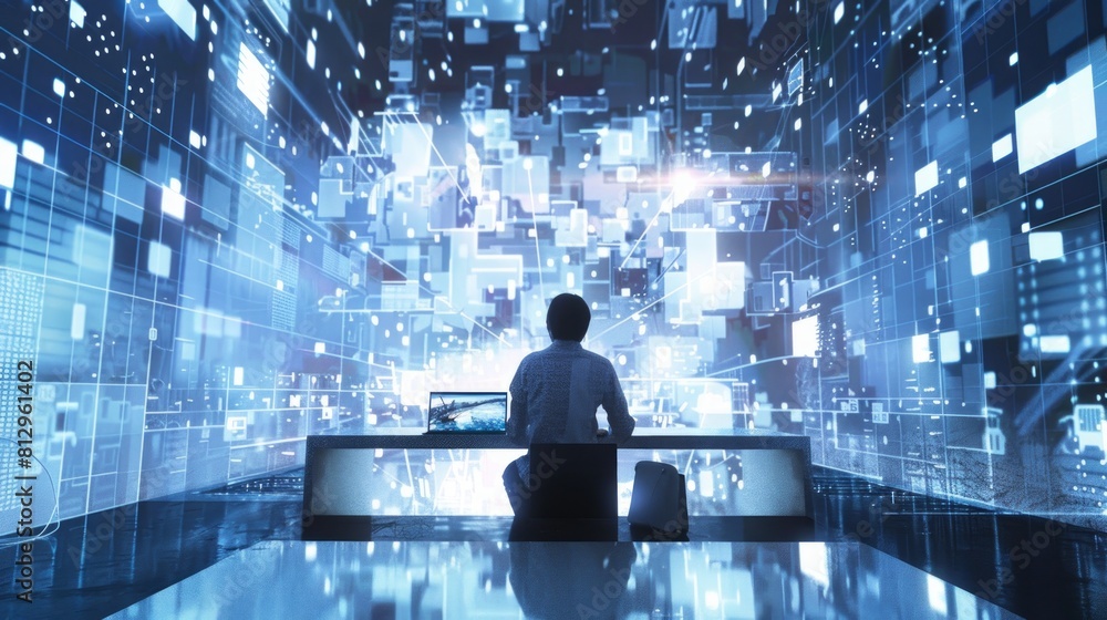 Poster a man is sitting at a desk in front of a computer screen with a blue background