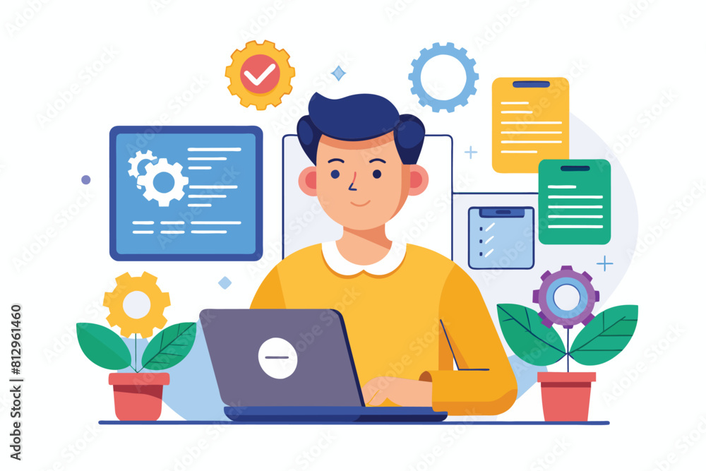 Poster a man sitting in front of a laptop computer, concentrating on his work, software tester customizable