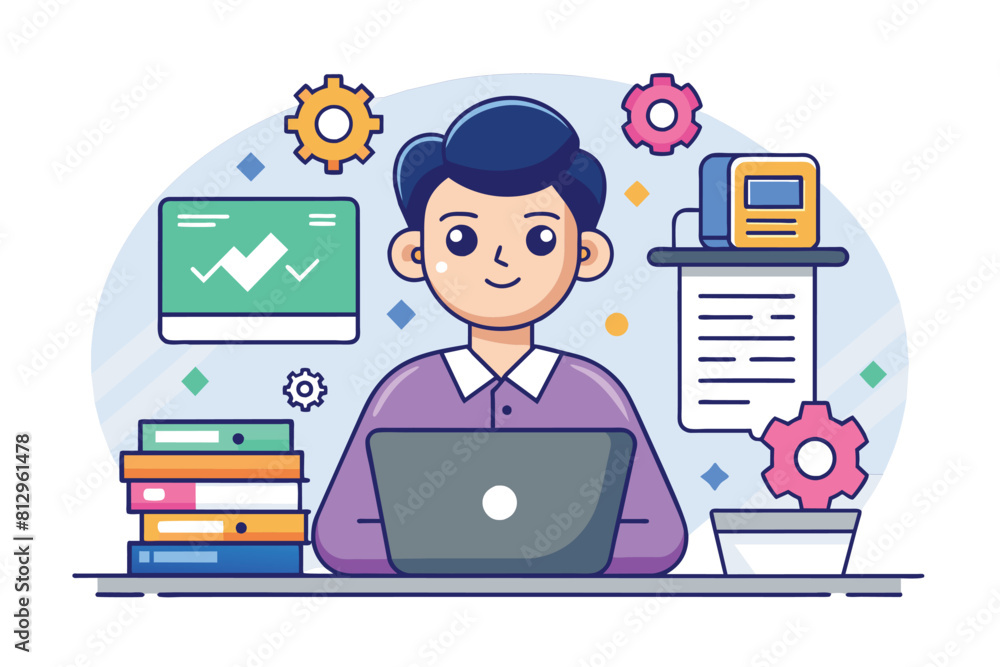 Poster a man is seated in front of a laptop computer, focused on his work, software tester customizable car