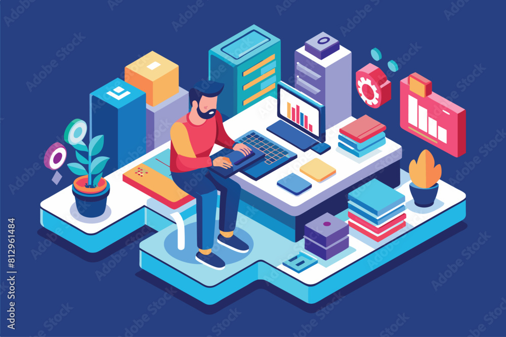 Poster a man is sitting at a computer on top of a desk, working on a software testing project, software tes