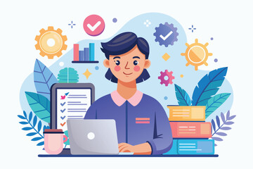 A woman focused on her laptop, sitting at a desk in an office environment, Soft skills Customizable Semi Flat Illustration