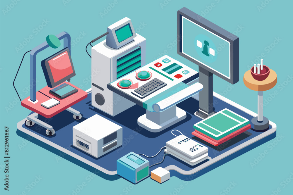 Aufkleber a computer and various electronic devices neatly arranged on a table in a modern office setting, son