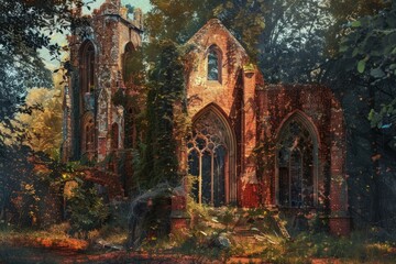 Mystic ruins of a gothic church embraced by autumn foliage