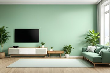 Minimalist living room interior with display tv on Wooden cabinet and floor. green wall. Generative ai