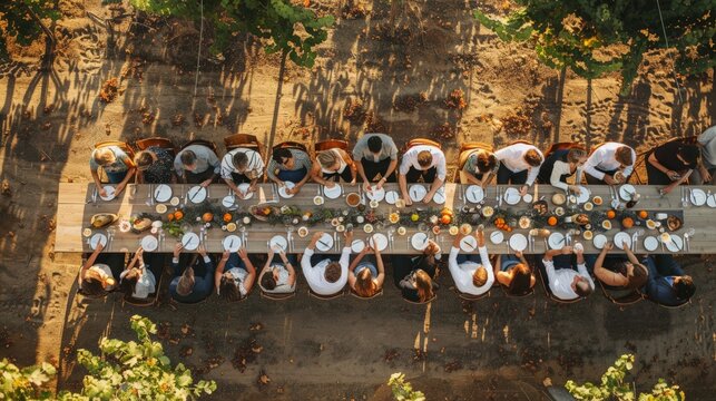 Long table set for dinner in a lush, green vineyard.