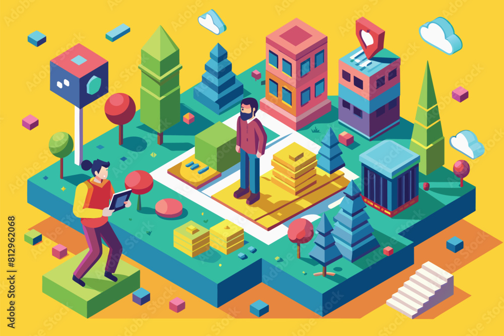 Poster a man is standing on top of a map, surrounded by various buildings in a customizable isometric illus